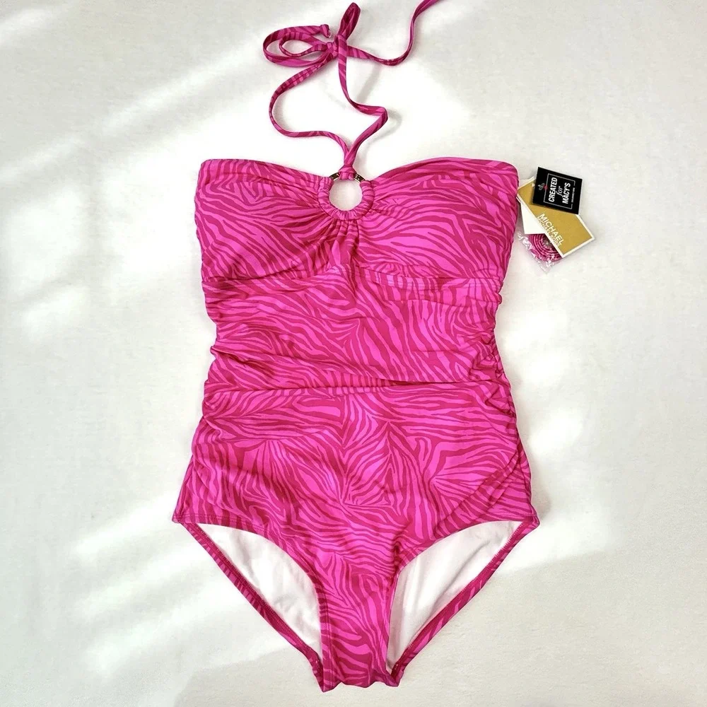 MICHAEL Michael Kors Animal Zebra Print Halter Swimsuit Hot Pink 660 Cerise 10